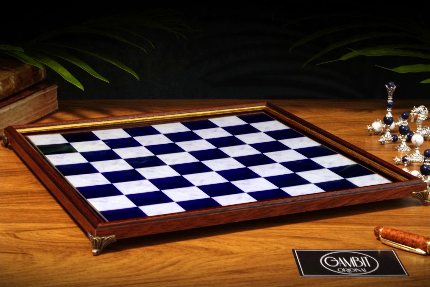 Echiquier Deluxe haut de gamme 32 cm, cadre en bois, de style pierre marbrée pour jeu d'échecs, pieds en métal