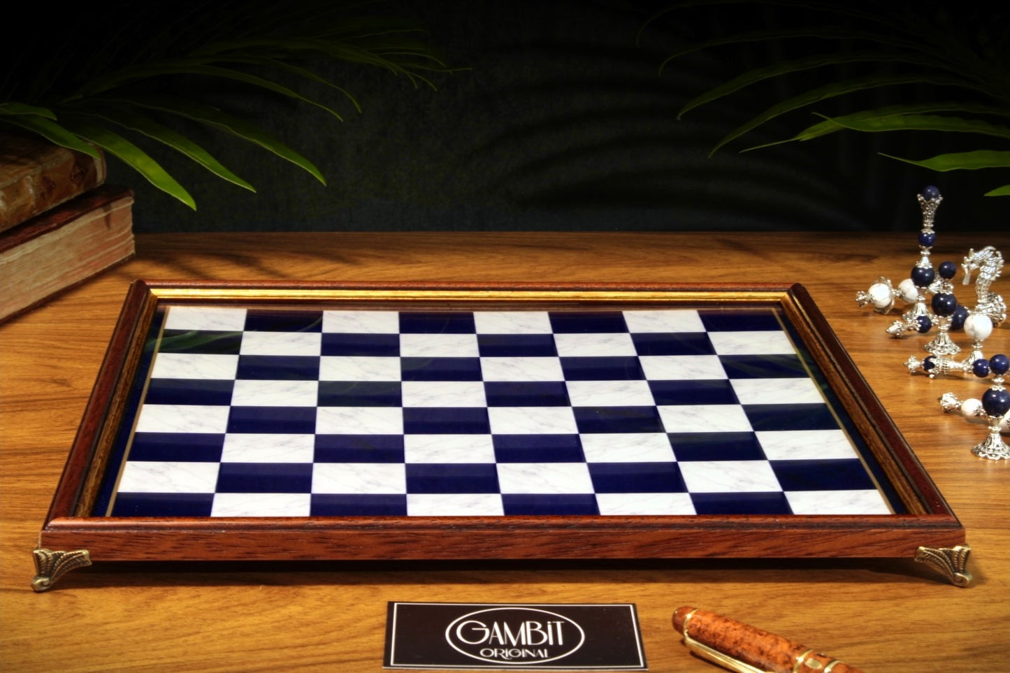 Echiquier Deluxe haut de gamme 32 cm, cadre en bois, de style pierre marbrée pour jeu d'échecs, pieds en métal