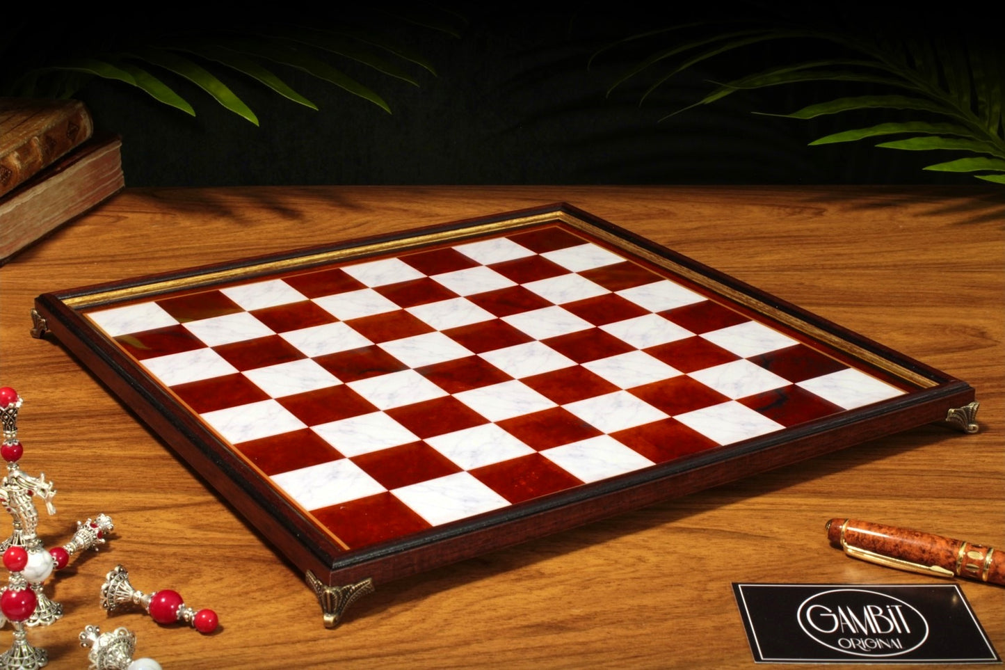Echiquier Deluxe haut de gamme 32 cm, cadre en bois, de style pierre marbrée pour jeu d'échecs, pieds en métal