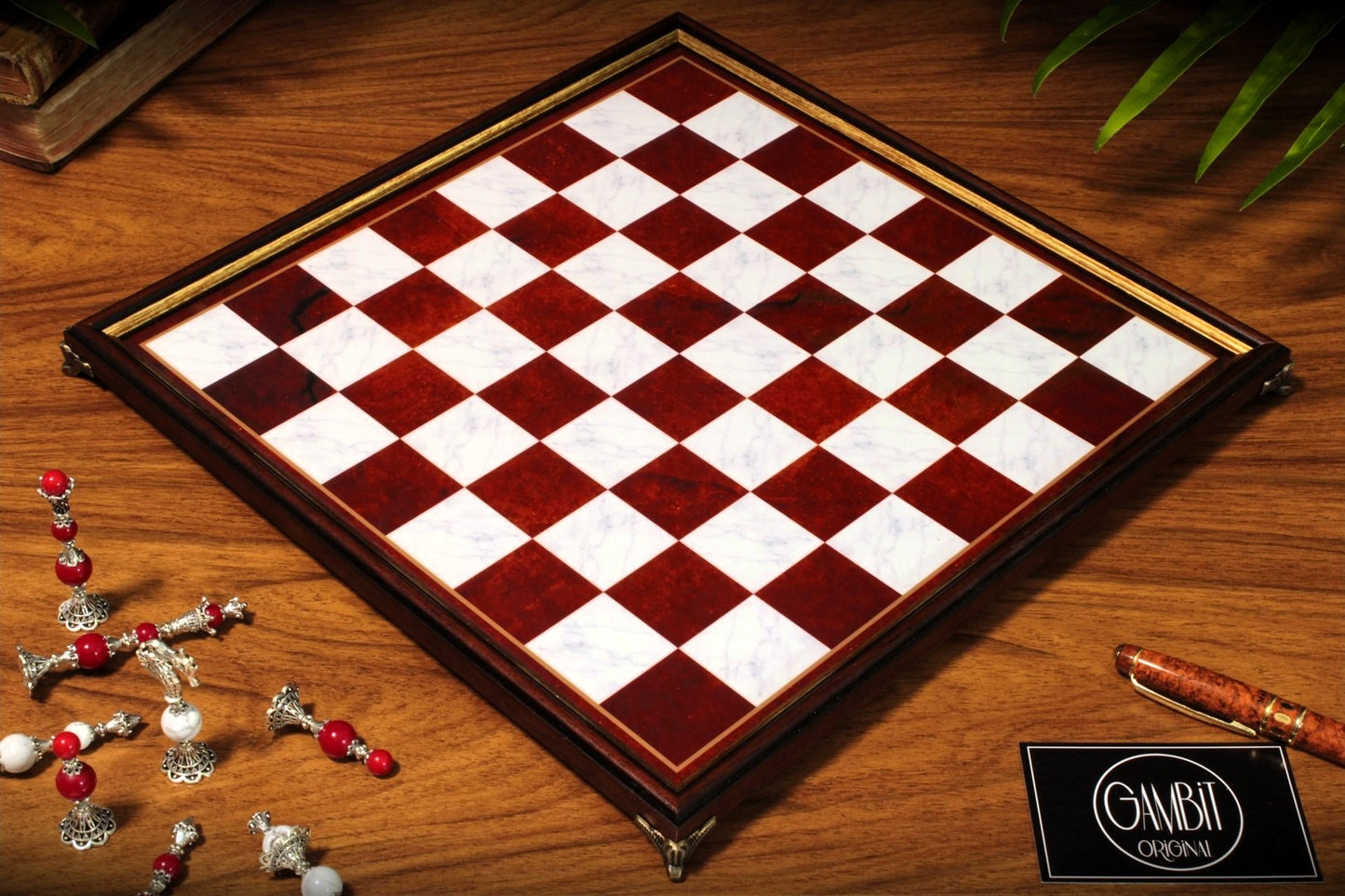 Echiquier Deluxe haut de gamme 32 cm, cadre en bois, de style pierre marbrée pour jeu d'échecs, pieds en métal