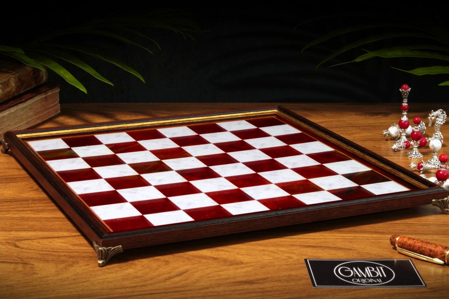 Echiquier Deluxe haut de gamme 32 cm, cadre en bois, de style pierre marbrée pour jeu d'échecs, pieds en métal
