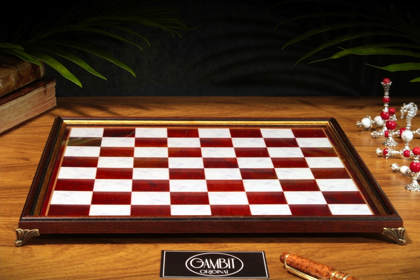 Echiquier Deluxe haut de gamme 32 cm, cadre en bois, de style pierre marbrée pour jeu d'échecs, pieds en métal