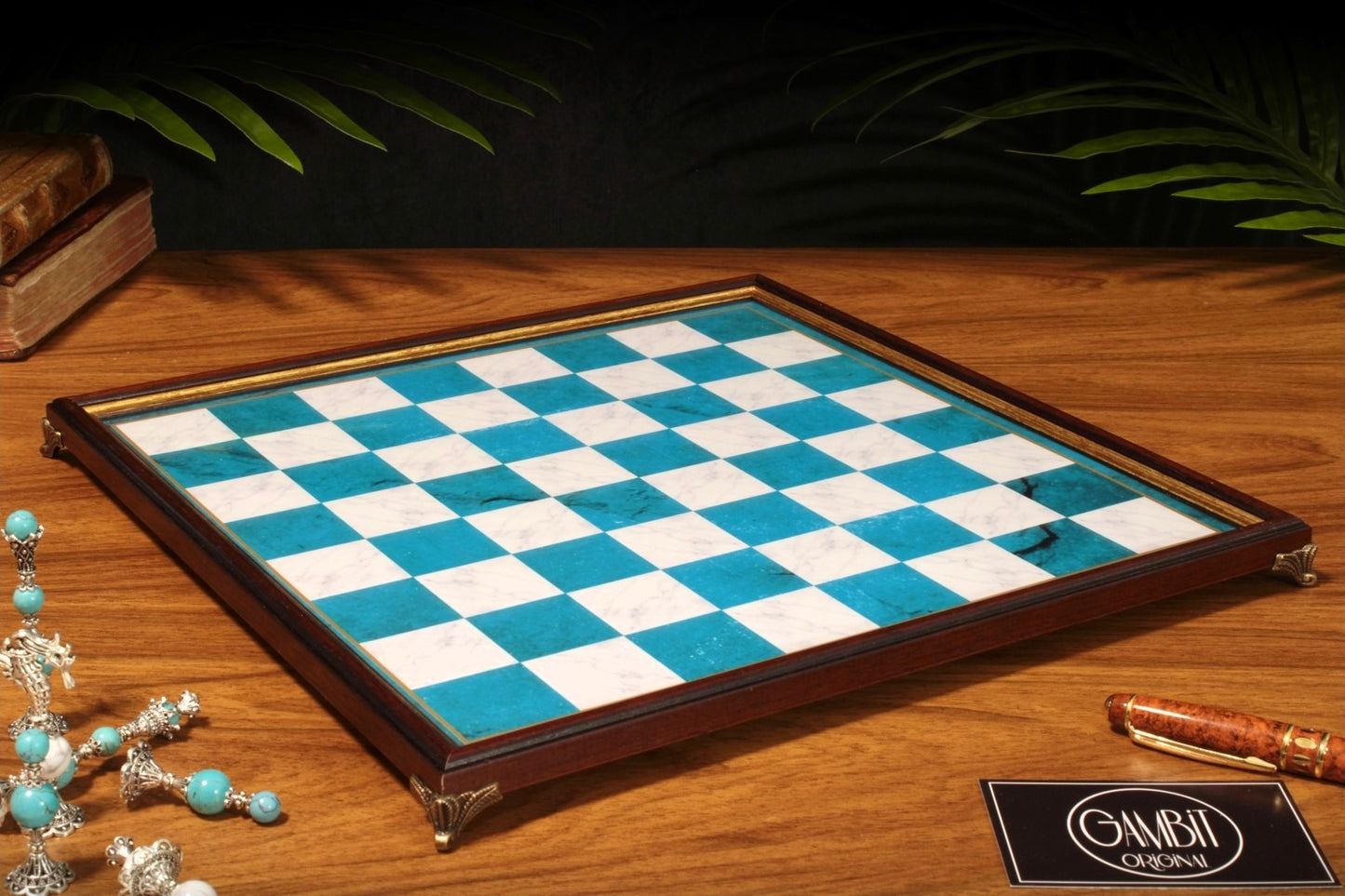 Echiquier Deluxe haut de gamme 32 cm, cadre en bois, de style pierre marbrée pour jeu d'échecs, pieds en métal