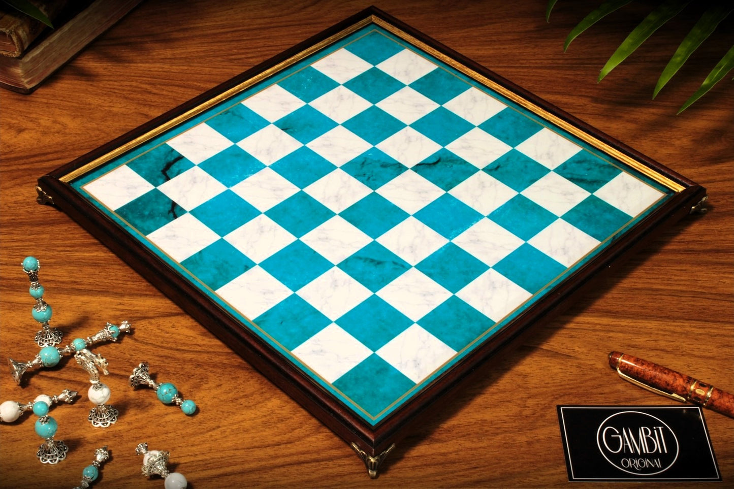 Echiquier Deluxe haut de gamme 32 cm, cadre en bois, de style pierre marbrée pour jeu d'échecs, pieds en métal