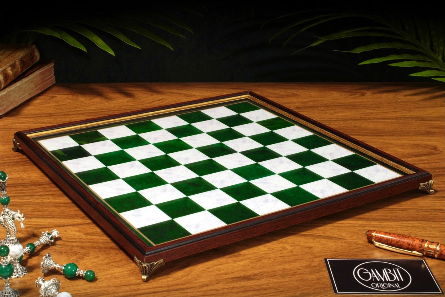 Echiquier Deluxe haut de gamme 32 cm, cadre en bois, de style pierre marbrée pour jeu d'échecs, pieds en métal