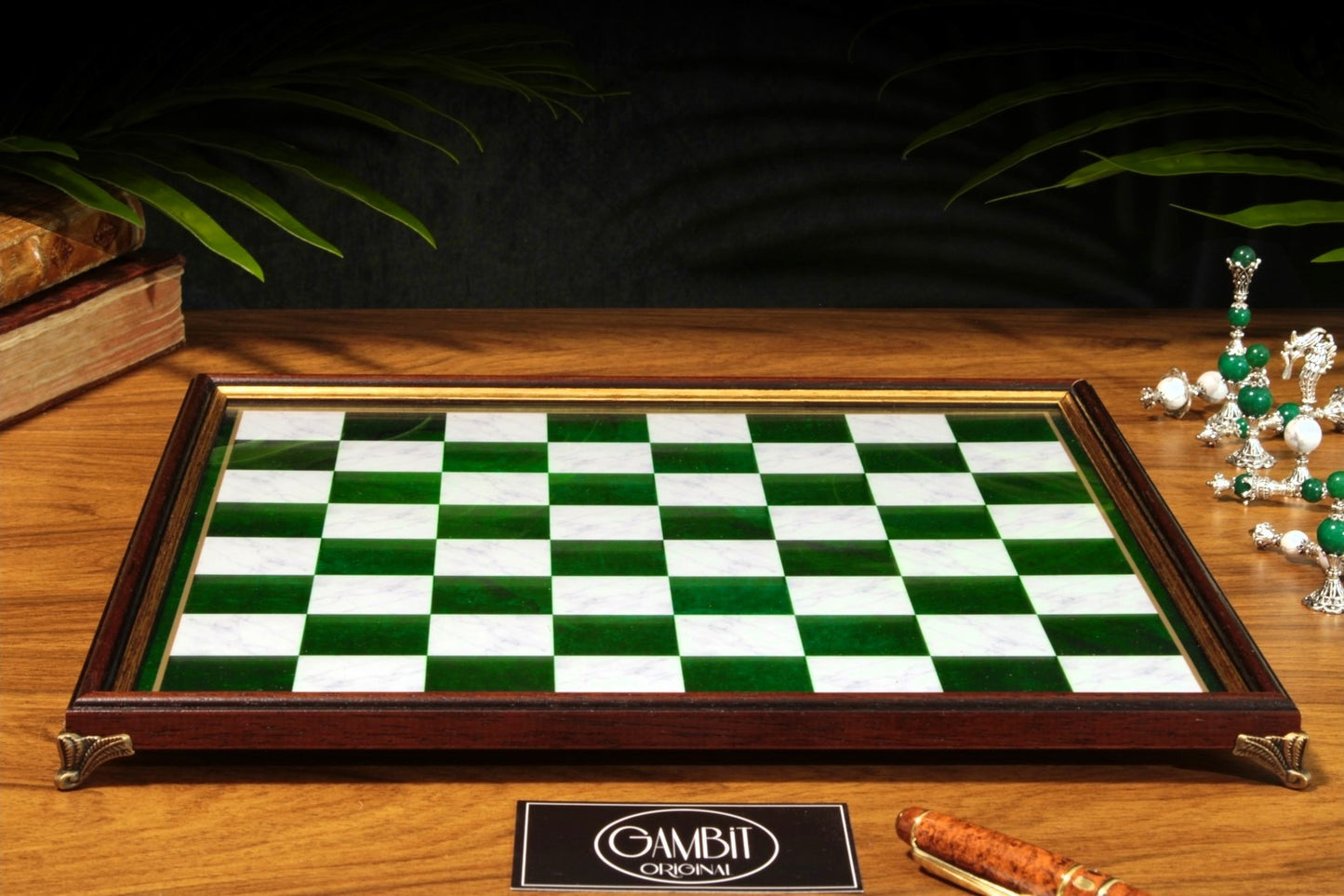 Echiquier Deluxe haut de gamme 32 cm, cadre en bois, de style pierre marbrée pour jeu d'échecs, pieds en métal