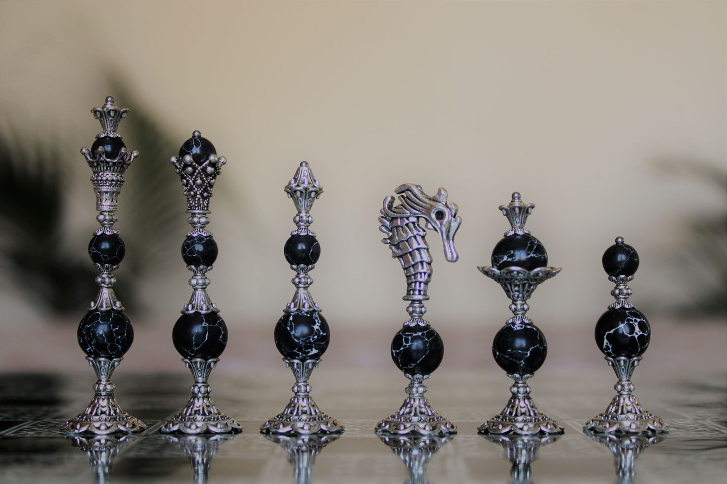 Pièces de jeu d'échecs Marbre Noir Collection Elégance